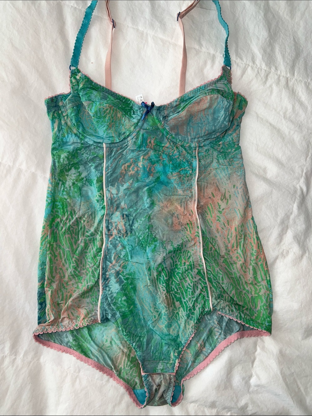 Cosmopolitan Floral Mesh Bodysuit - Teal & Pink, Size M